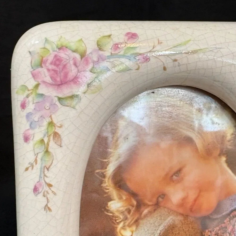 Vintage Burnes of Boston 3-Opening Ceramic Floral Picture Frame
